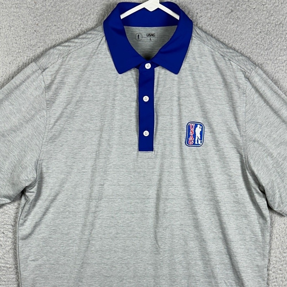 USAG Polo Shirt Mens Large Gray Golf Rugby Performance Stretch Short Sleeve EUC